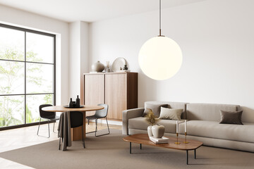 Light relax room interior with eating table and couch, panoramic window