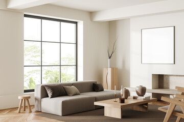 Fototapeta premium Light chill interior with couch and panoramic window, fireplace and mockup frame