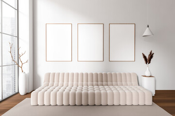 Light chill room interior with couch and panoramic window, mockup frames