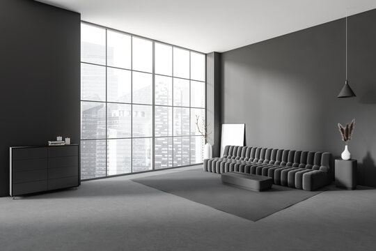 Grey relax interior with couch, sideboard and panoramic window, mockup frame