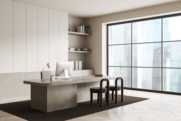 Light office interior with chairs and work desk, shelf and panoramic window