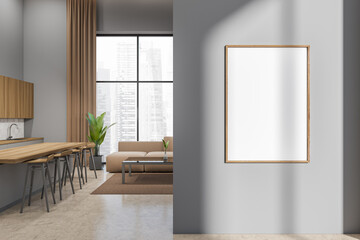 Grey kitchen interior with sofa and eating area, panoramic window. Mock up frame