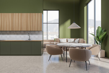 Studio interior with dining area and relax space, kitchen shelves, panoramic window