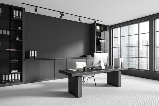 Grey business interior with work table, cabinet and panoramic window. Mockup