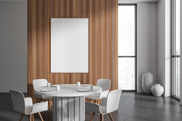 Light meeting room interior with table and chairs, panoramic window. Mockup frame