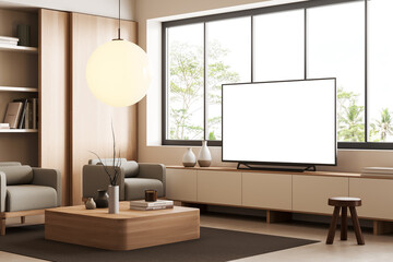 Light chill room interior with armchair and tv near panoramic window. Mockup display