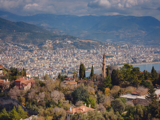 Alanya, turkey, winter walk by mediterranean sea. View from the hill in Alanya. medieval fortress in the city of Alanya
