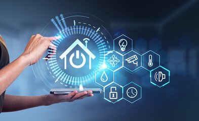 Woman finger touch phone, smart home hologram with icons, remote control