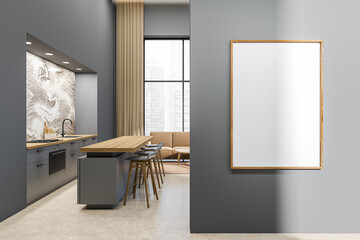 Studio interior with bar countertop and couch, panoramic window. Mockup frame