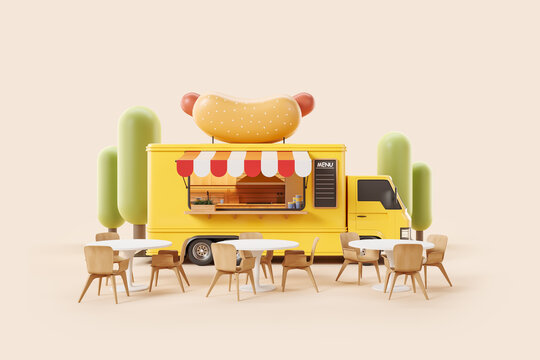 Yellow food truck with street kitchen, table with chairs on beige background