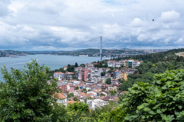 Istanbul Bosphorus bridge with Marmara sea from Fethi Pasha grove, blue sea and ships with Bosphorus bridge, cityscape footage in Istanbul, beautiful landscape with colorful buildings at seaside