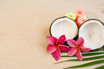 coconut and flower on the beach