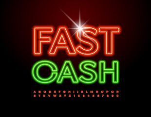 Vector business sign Fast Cash. Bright Glowing Font. Modern Neon Alphabet Letters and Numbers set