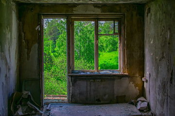 view of a broken window of an abandoned building from inside a dirty dusty room to a bright green forest with trees