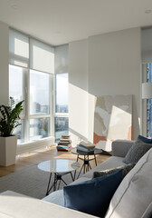sunny modern apartment, modern living room with light walls