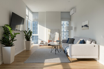 sunny modern apartment, modern living room with light walls