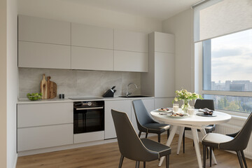 modern kitchen interior, kitchen with a dining table in the living room, modern living room with open plan
