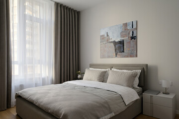 interior of a bedroom, modern bedroom in beige tones