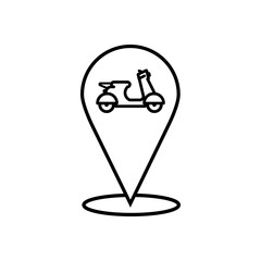Moped linear icon. Scooter icon. Location point of delivery, transport, cargo transportation, parking. Design element for mobile app, posters, ads, banners