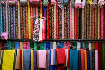 Hanbok fabric in a shop for handmade traditional korean cloths in Dongdaemun Market seoul 