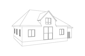 Vector wireframe perspective of luxury modern house exterior. 3D vector model of cottage isolated on white background.