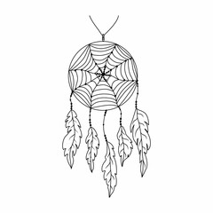 Fototapeta na wymiar Hand drawn dreamcatcher with spiderweb, threads, beads and feathers. Native american symbol in boho style.