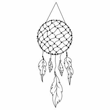 Нand drawn Dreamcatcher with fishing net, threads, beads and feathers. Native american symbol in boho style.