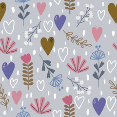 Seamless floral pattern with flowers, leaves, grass, hearts and hand drawn dots. Used for wallpaper and textiles.cartoon vector illustration