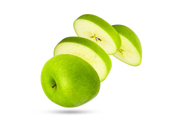 Levitated green apple slices. Green juicy apple slices isolated on white background, clipping path