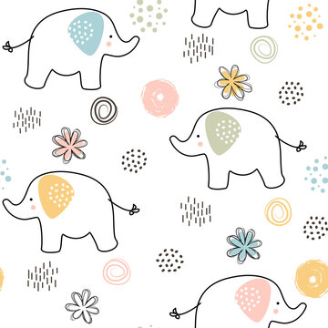 Seamless pattern from a set of children's primitive drawings of elephants and different elements in pastel colors. Cute design with a black outline in a flat style on a white background.