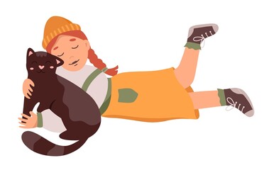 Little girl cuddling her cute cat. Relaxing time with domestic pet, hugging kitten, petting friend and family member flat illustration