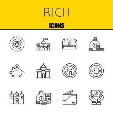 rich vector line icons set. diamond, castle and chest Icons. Thin line design. Modern outline graphic elements, simple stroke symbols stock illustration