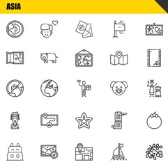 asia vector line icons set. earth, boat and earth Icons. Thin line design. Modern outline graphic elements, simple stroke symbols stock illustration