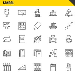 school vector line icons set. paint brush, crayon and pencil case Icons. Thin line design. Modern outline graphic elements, simple stroke symbols stock illustration