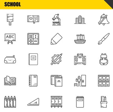 school vector line icons set. paint brush, crayon and pencil case Icons. Thin line design. Modern outline graphic elements, simple stroke symbols stock illustration