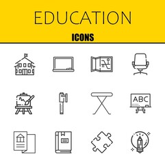 education vector line icons set. kindergarten, blackboard and map Icons. Thin line design. Modern outline graphic elements, simple stroke symbols stock illustration