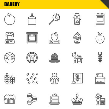 bakery vector line icons set. apple, cake and donut Icons. Thin line design. Modern outline graphic elements, simple stroke symbols stock illustration