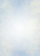 Vector Summer Sun Shine Background with Bokeh Blurred Glowing Gold Circles on Blue Sky.  Blured Sunlight Background. Magic Summertime Print. Calm Defocused Light Design for Posters, Covers, Cards.