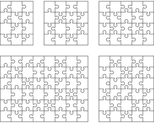 Illustration of five different white puzzles, separate pieces	