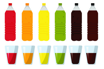 Set of Color plastic bottles and glass of juice or soda with glasses and cans. Package design. Tasty drink, bottled lemonade or juice and cans. Vector illustration
