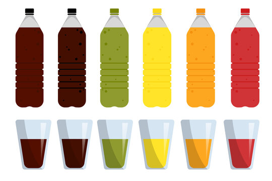 Set of Color plastic bottles of juice or soda with glasses and cans. Package design. Tasty drink, bottled lemonade or juice and cans. jpeg image jpg illustration
