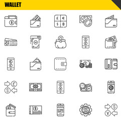 wallet vector line icons set. wallet, wallet and currency Icons. Thin line design. Modern outline graphic elements, simple stroke symbols stock illustration