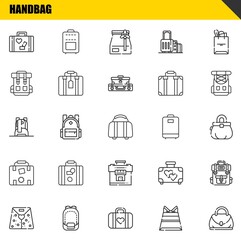 handbag vector line icons set. luggage, paper bag and backpack Icons. Thin line design. Modern outline graphic elements, simple stroke symbols stock illustration
