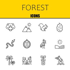 forest vector line icons set. crocodile, mountain and squirrel Icons. Thin line design. Modern outline graphic elements, simple stroke symbols stock illustration
