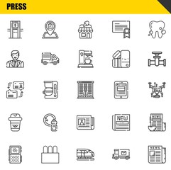 press vector line icons set. atm, voice recorder and dialogue Icons. Thin line design. Modern outline graphic elements, simple stroke symbols stock illustration