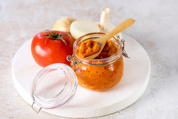 Vegetable Dish of Stewed Sweet Peppers Tomatoes Onion Garlic Lecho Vegetarian Menu Horizontal