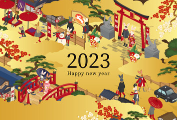 和風な街並みとうさぎの2023年の年賀状テンプレート(ベクターイラスト,art,holiday,asia,asian,card,japanese,celebration,greeting,postcard,new year)