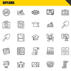 diploma vector line icons set. no chatting, graduate and shovel Icons. Thin line design. Modern outline graphic elements, simple stroke symbols stock illustration