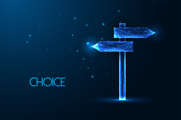 Choice, decision concept with crossroad signpost to different direction in futuristic on dark blue © Inna