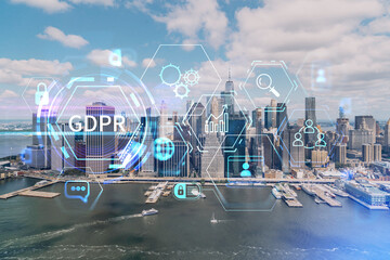 Aerial panoramic helicopter city view on Lower Manhattan district and financial Downtown, New York, USA. GDPR hologram, concept of data protection regulation and privacy for all individuals